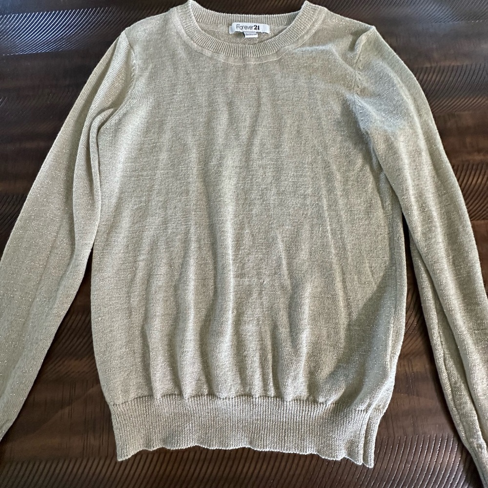 Forever 21 Gold Crew Neck Sweater with Ribbed Trim